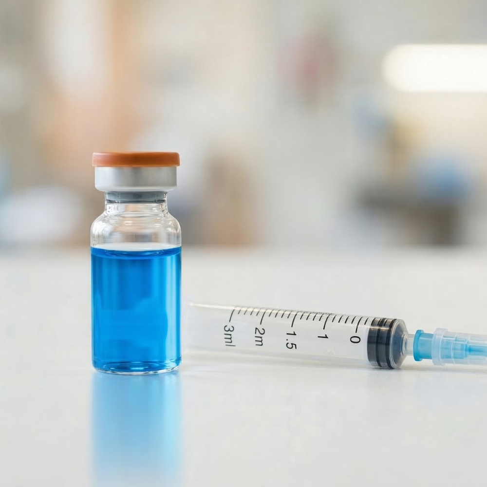 Small glass vial with orange cap containing blue liquid beside a syringe on a lab counter in a clinical setting, ready for use.