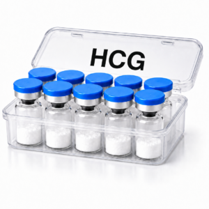 Clear plastic case containing ten glass vials with blue caps and white powder inside, labeled HCG.