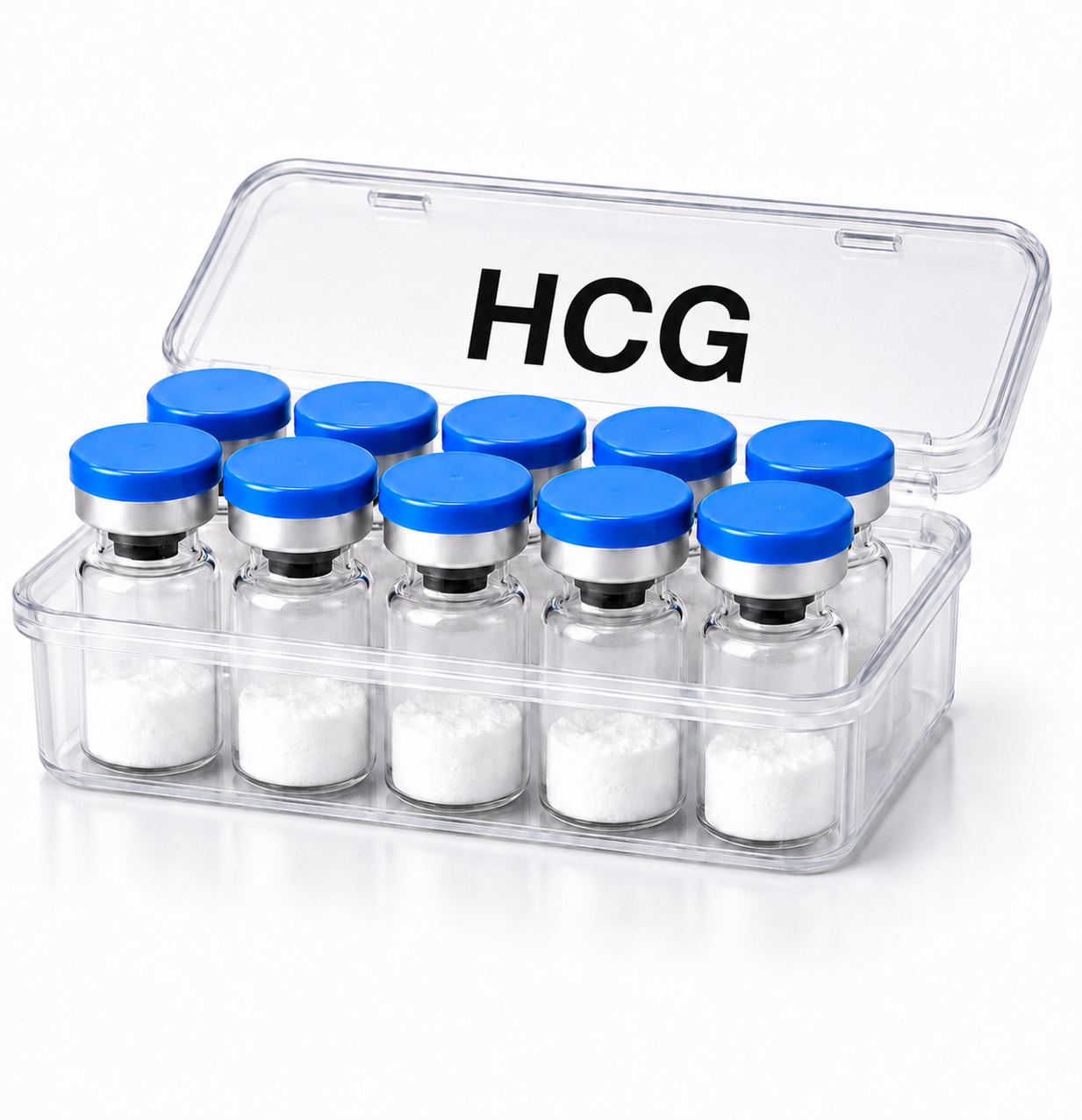 Clear plastic case containing ten glass vials with blue caps and white powder inside, labeled HCG.