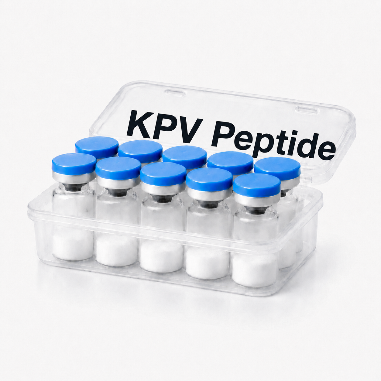 Vials with blue caps in a clear case labeled 'KPV Peptide' (medical or laboratory context)