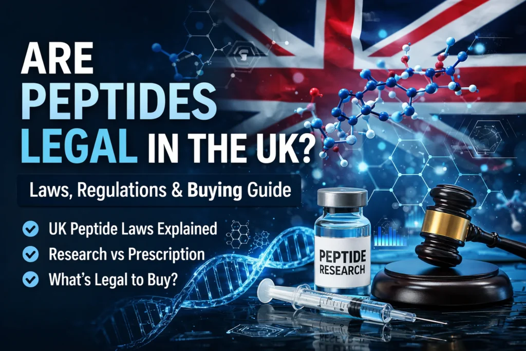 Are Peptides Legal in the UK? Laws, Regulations & Buying Guide with UK flag, DNA strand, and a peptide vial in the foreground.