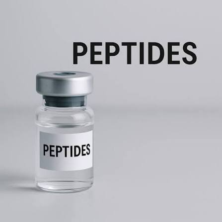 Glass vial with a metal cap labeled PEPTIDES on a gray background, in a clinical or lab setting.